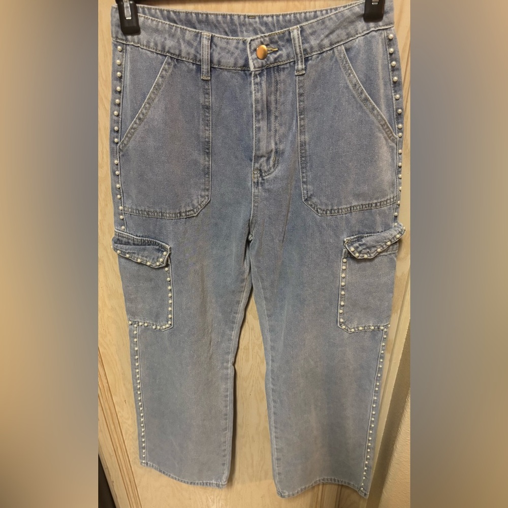 Womens High Rise Cargo Jeans Wide Leg Pearl Studs Embellished Pockets Light Wash